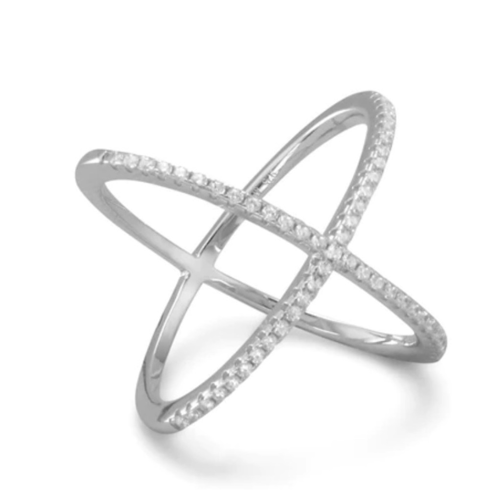925 Sterling Silver Rhodium plated Crisscross ring adorned with cubic zirconia